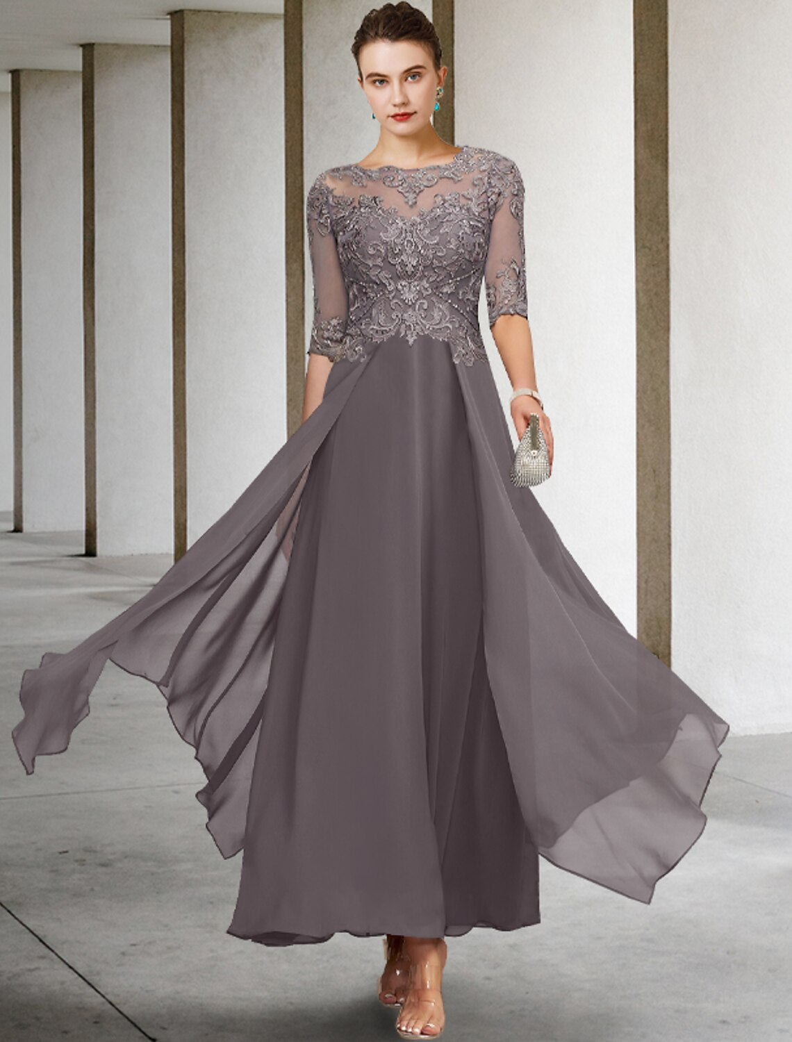 Wholesale  A-Line Mother of the Bride Dress Formal Wedding Guest Elegant Scoop Neck Asymmetrical Ankle Length Chiffon Lace Half Sleeve No with Beading Appliques